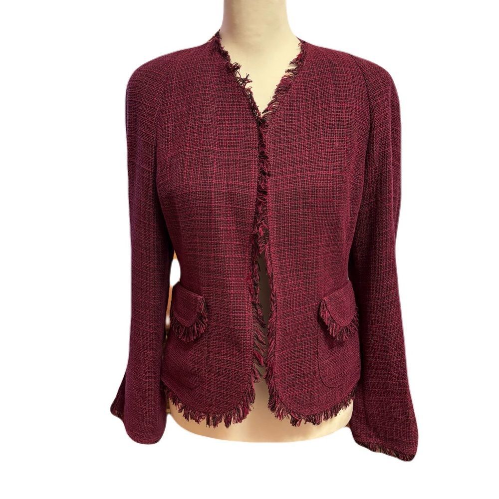 Anne Klein Raspberry & Black Fringe Tweed Blazer | Size 2P | EUC - Picture 1 of 11